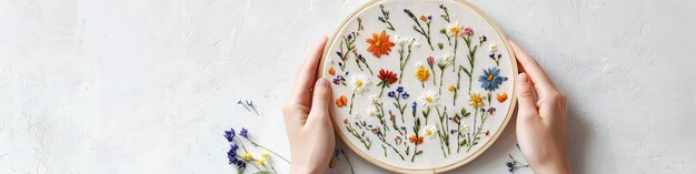 Ręce haftujące kwiatowy wzór